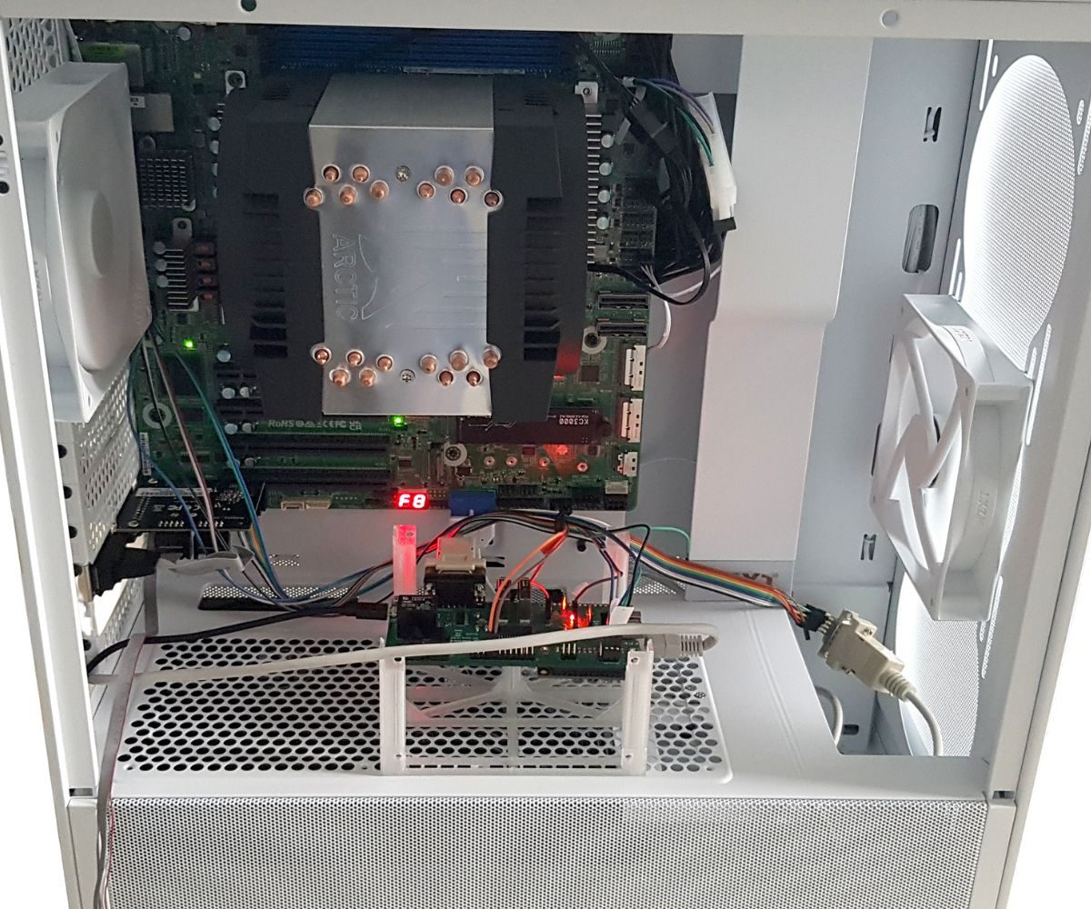 Assembled BenchRack unit in an open bench case, with the RTE board mounted underneath the target board